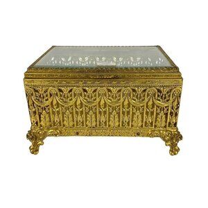 Globe 24kt Gold Plated Jewelry Trinket Box Ornate Filigree Gilt Glamour Vanity